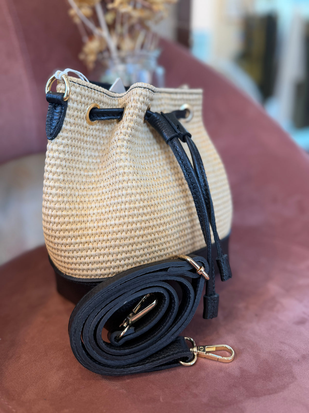 Borsa CINTHYA in pelle e rafia - NERO